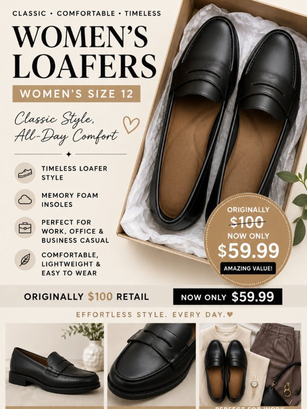 Women’s Black Loafers Size 12 Memory Foam Originally $100